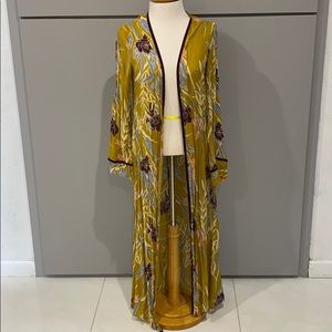 Vintage Inspired Floral Chartreuse Long Kimono XS
